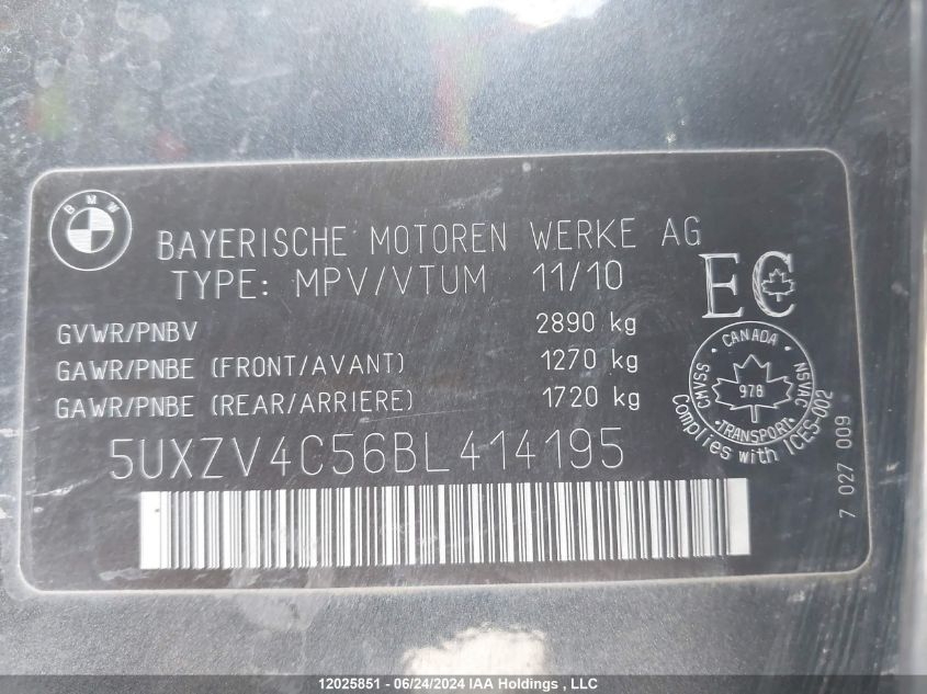 2011 BMW X5 VIN: 5UXZV4C56BL414195 Lot: 12025851