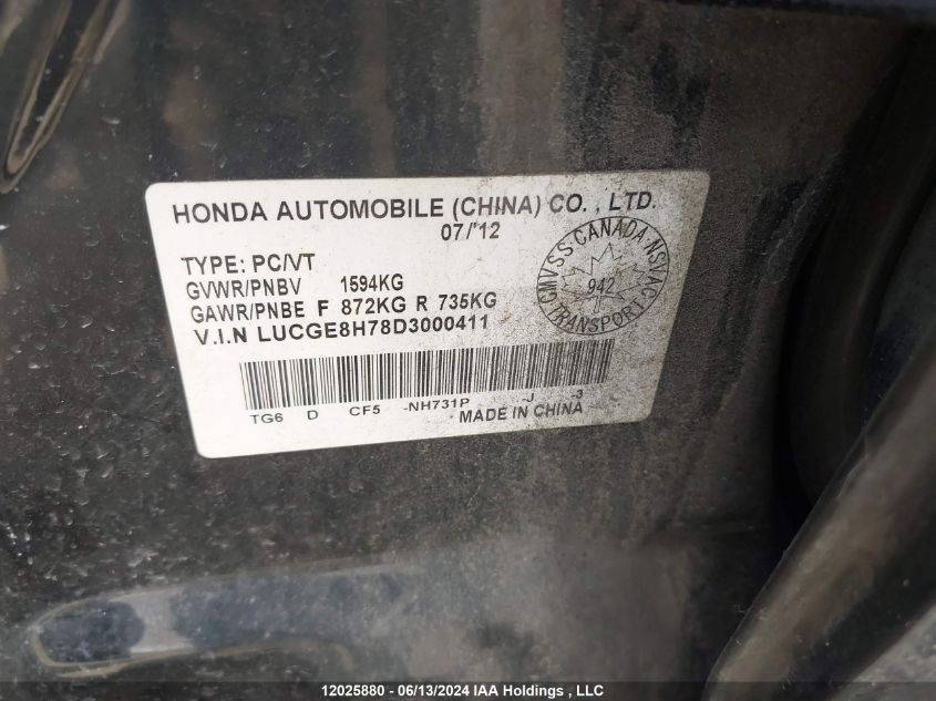 2013 Honda Fit Sport VIN: LUCGE8H78D3000411 Lot: 12025880