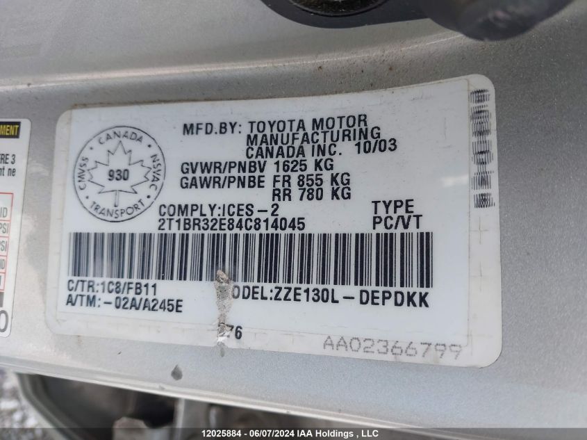 2004 Toyota Corolla Ce/Le/Sport VIN: 2T1BR32E84C814045 Lot: 12025884