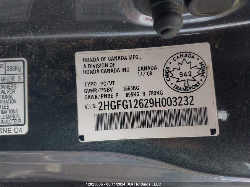 2009 Honda Civic Cpe VIN: 2HGFG12629H003232 Lot: 12025886