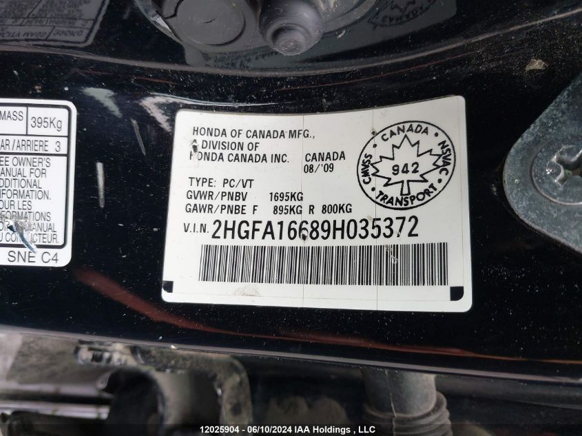 2009 Honda Civic Sdn VIN: 2HGFA16689H035372 Lot: 12025904