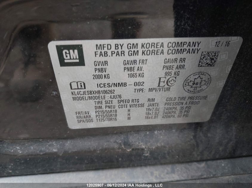 2017 Buick Encore VIN: KL4CJESBXHB106262 Lot: 12025907