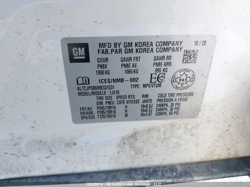 2021 Chevrolet Trax VIN: KL7CJPSB6MB331531 Lot: 12025914