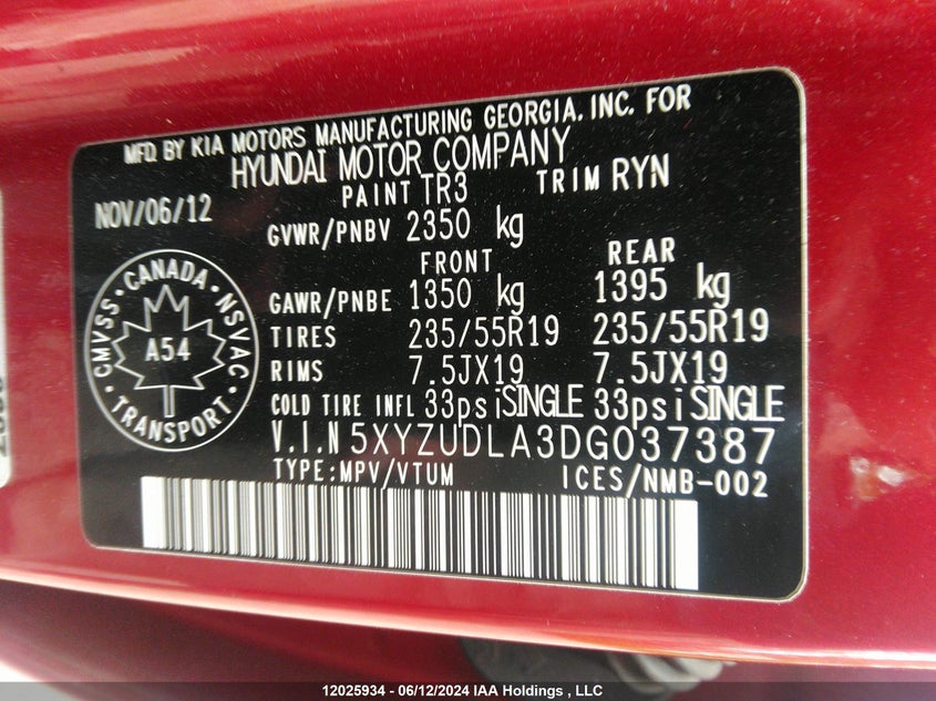 2013 Hyundai Santa Fe Sport VIN: 5XYZUDLA3DG037387 Lot: 12025934