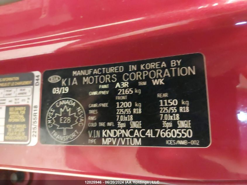 2020 Kia Sportage VIN: KNDPNCAC4L7660550 Lot: 12025946