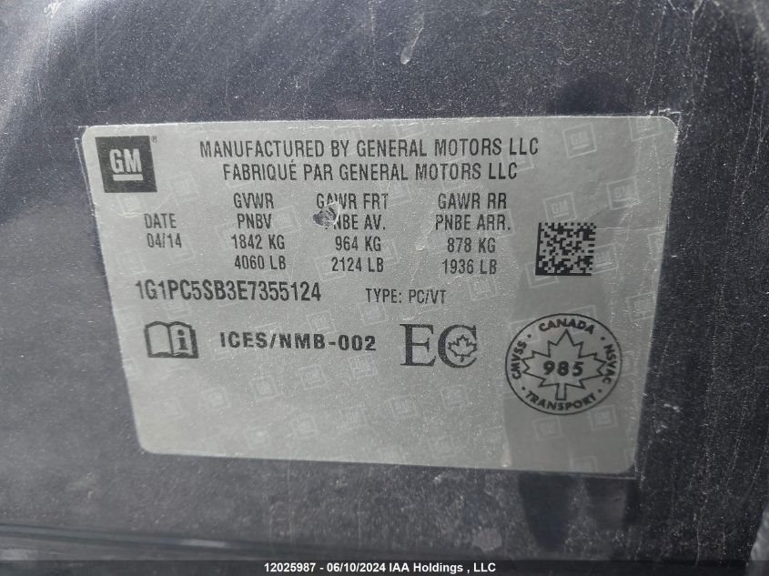 2014 Chevrolet Cruze VIN: 1G1PC5SB3E7355124 Lot: 12025987