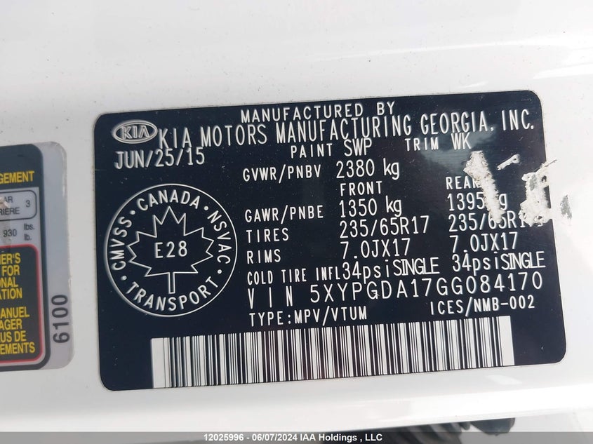 2016 Kia Sorento Lx/L VIN: 5XYPGDA17GG084170 Lot: 12025996