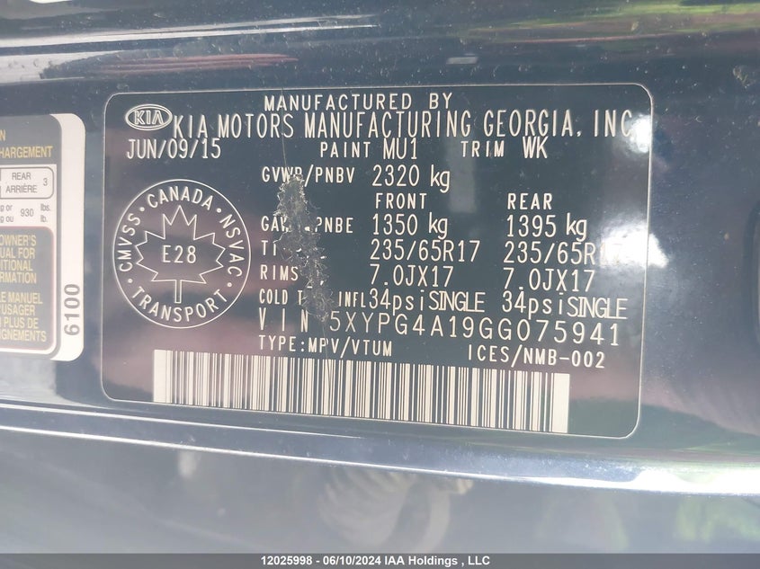 2016 Kia Sorento VIN: 5XYPG4A19GG075941 Lot: 12025998