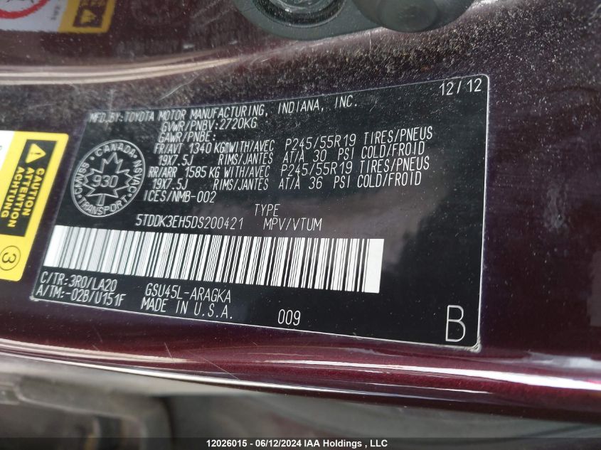 2013 Toyota Highlander Limited VIN: 5TDDK3EH5DS200421 Lot: 12026015