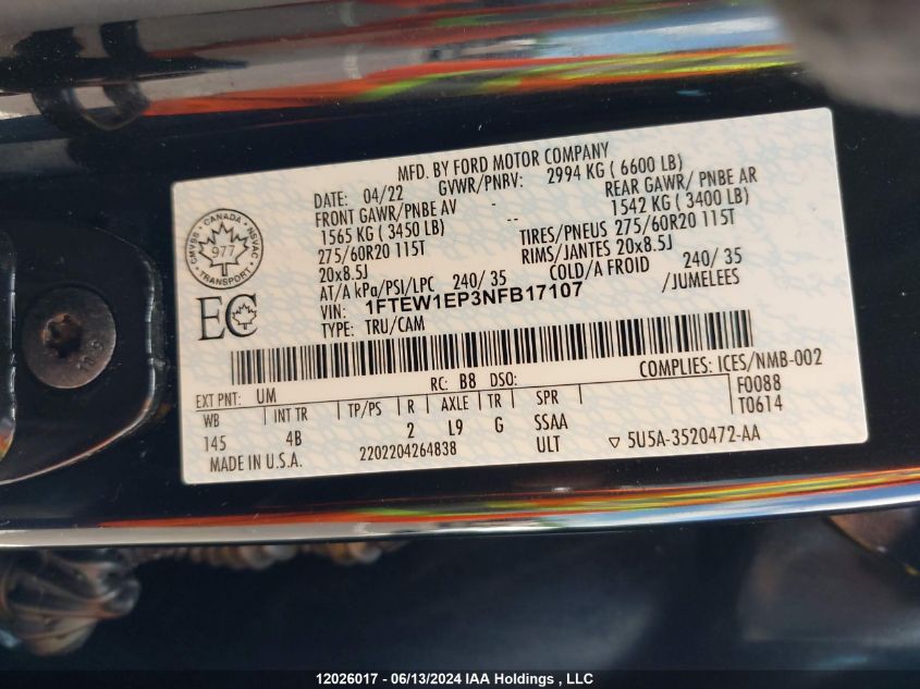 2022 Ford F150 Supercrew VIN: 1FTEW1EP3NFB17107 Lot: 12026017