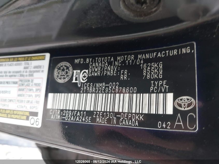 2005 Toyota Corolla Ce/Le/S VIN: 2T1BR32E95C878600 Lot: 12026065