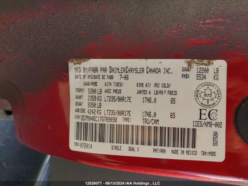 2007 Dodge Ram 3500 Slt/Sport VIN: 3D7MX46C17G709098 Lot: 12026077