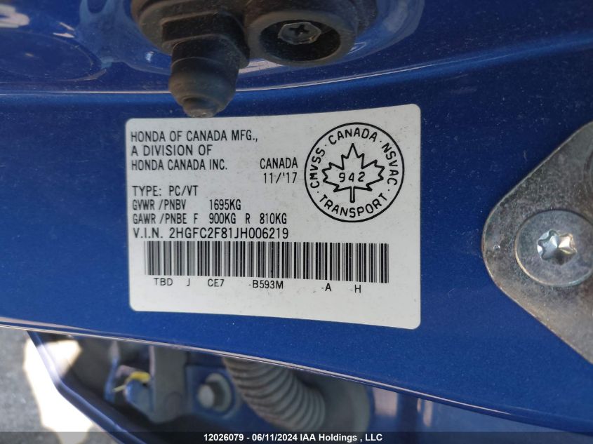 2018 Honda Civic Sedan VIN: 2HGFC2F81JH006219 Lot: 12026079