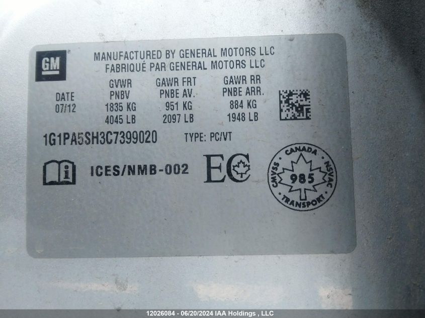 2012 Chevrolet Cruze VIN: 1G1PA5SH3C7399020 Lot: 12026084