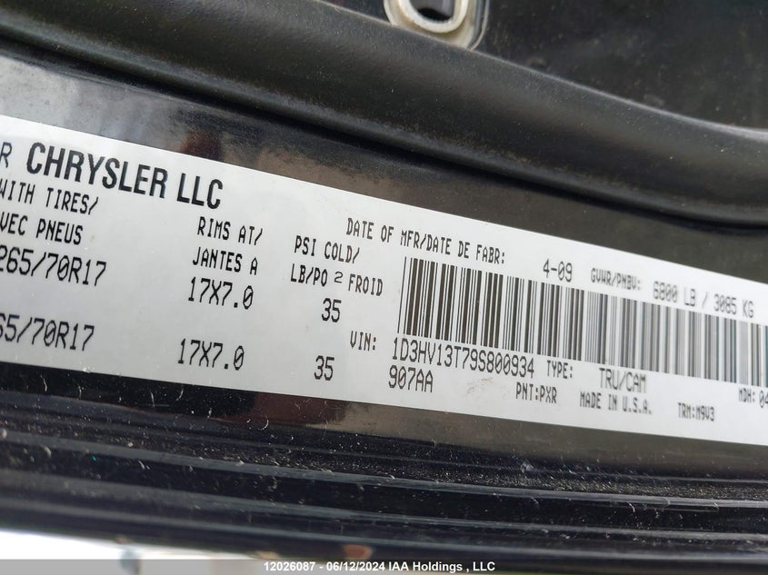 2009 Dodge Ram 1500 VIN: 1D3HV13T79S800934 Lot: 12026087
