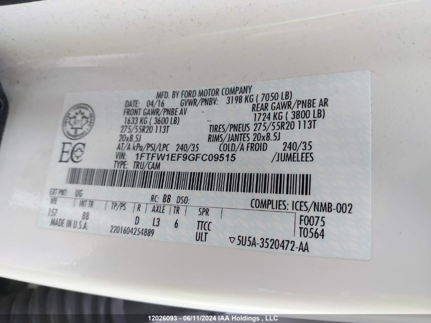 2016 Ford F150 Supercrew VIN: 1FTFW1EF9GFC09515 Lot: 12026093