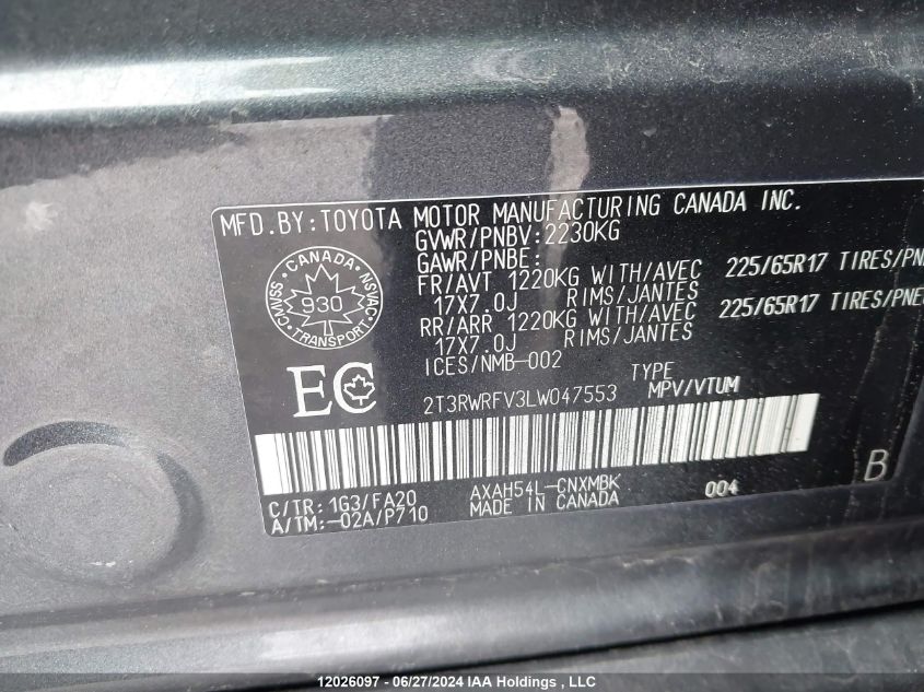 2020 Toyota Rav4 VIN: 2T3RWRFV3LW047553 Lot: 12026097