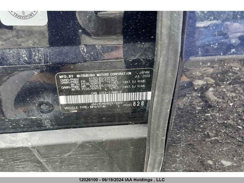 2022 Mitsubishi Outlander VIN: JA4J4UA8XNZ619920 Lot: 12026100