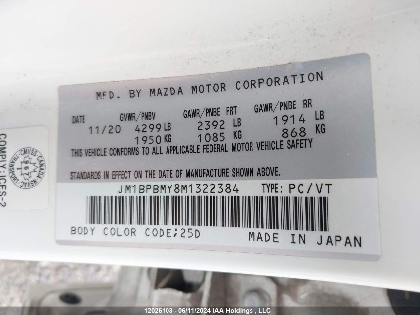 2021 Mazda Mazda3 VIN: JM1BPBMY8M1322384 Lot: 12026103