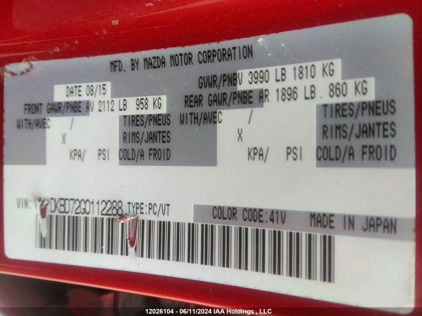 2016 Mazda Cx-3 Grand Touring VIN: JM1DKBD72G0112288 Lot: 12026104