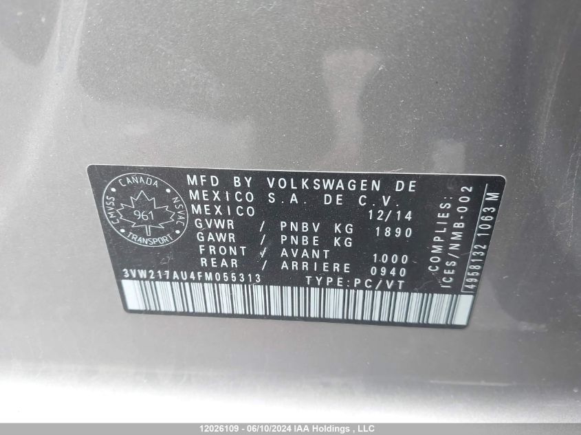 2015 Volkswagen Golf VIN: 3VW217AU4FM055313 Lot: 12026109