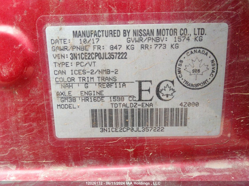 2018 Nissan Versa Note S/Sr/Sv VIN: 3N1CE2CP0JL357222 Lot: 12026132