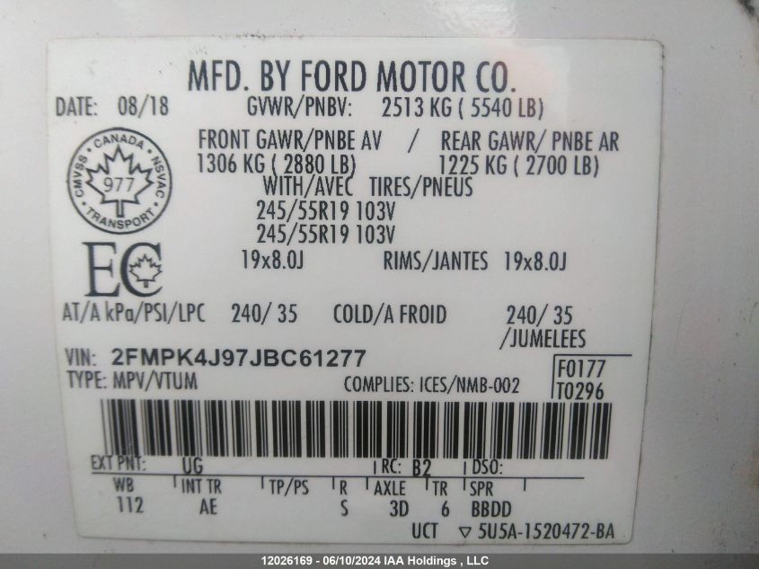 2018 Ford Edge Sel VIN: 2FMPK4J97JBC61277 Lot: 12026169