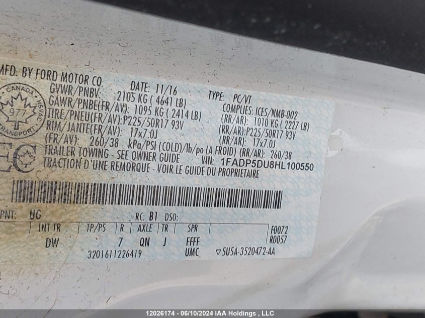 2017 Ford C-Max Titanium VIN: 1FADP5DU8HL100550 Lot: 12026174