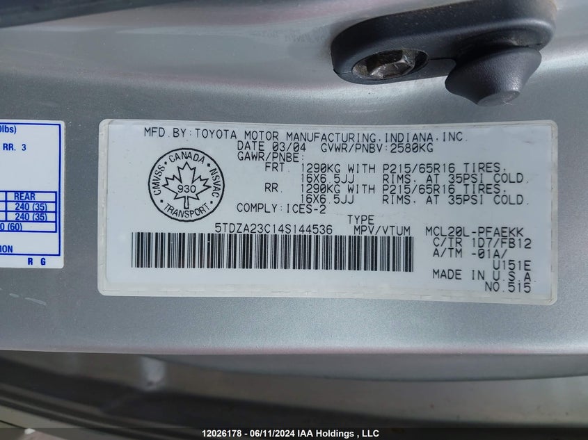 2004 Toyota Sienna Ce/Le VIN: 5TDZA23C14S144536 Lot: 12026178