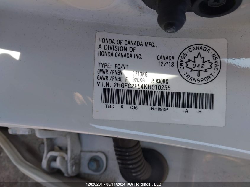 2019 Honda Civic Sedan VIN: 2HGFC2F54KH010255 Lot: 12026201