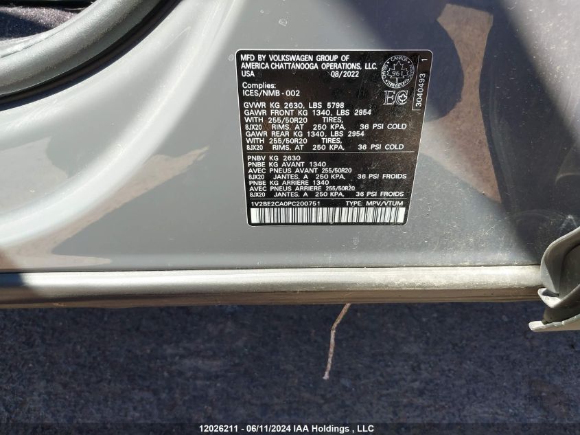 2023 Volkswagen Atlas Cross Sport VIN: 1V2BE2CA0PC200751 Lot: 12026211