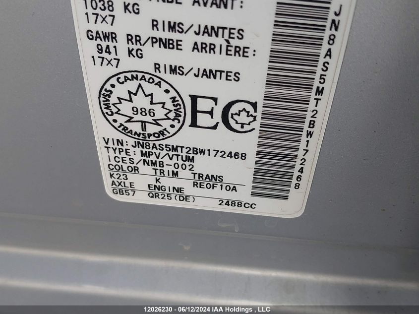 2011 Nissan Rogue Sv VIN: JN8AS5MT2BW172468 Lot: 12026230