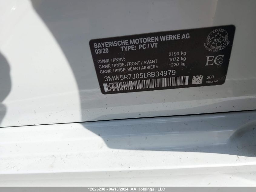 2020 BMW 3 Series VIN: 3MW5R7J05L8B34979 Lot: 12026238