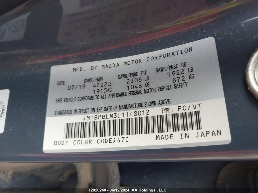 2020 Mazda Mazda3 Sport VIN: JM1BPBLM3L1148012 Lot: 12026240