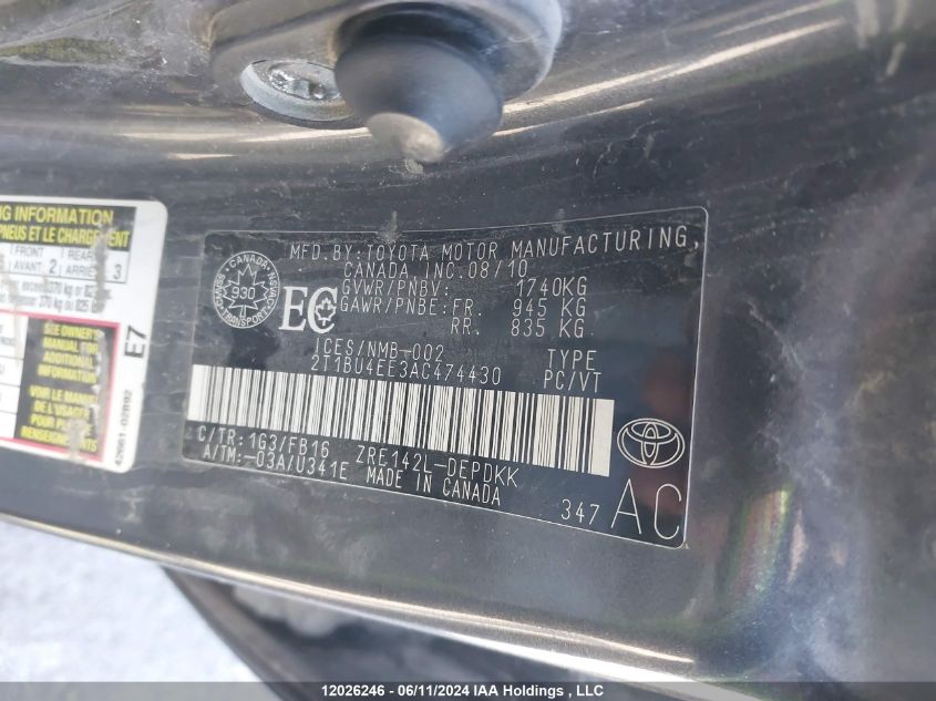 2010 Toyota Corolla S/Le/Xle VIN: 2T1BU4EE3AC474430 Lot: 12026246