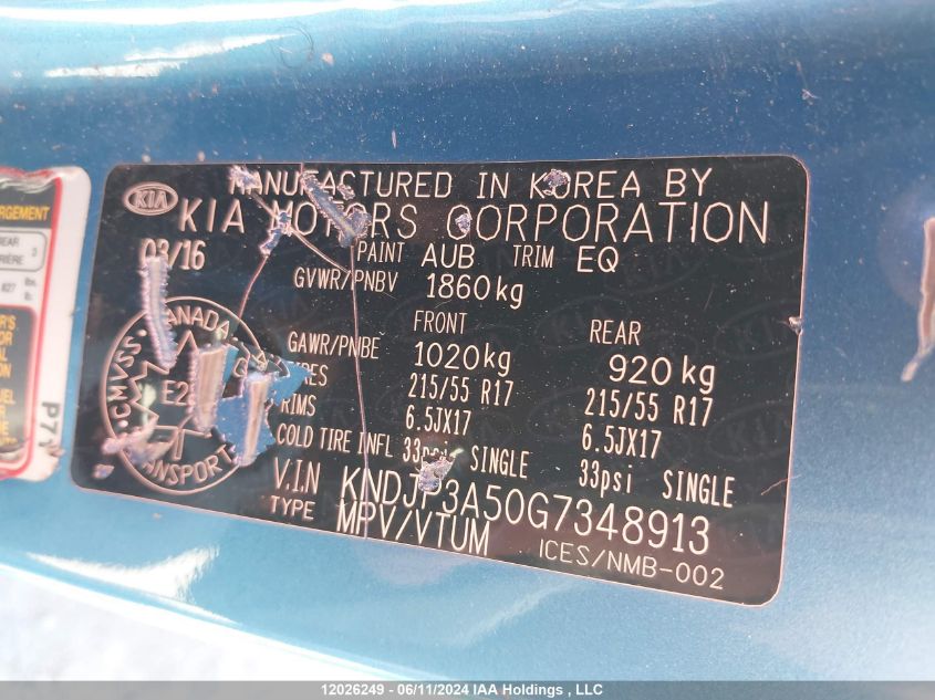 2016 Kia Soul VIN: KNDJP3A50G7348913 Lot: 12026249