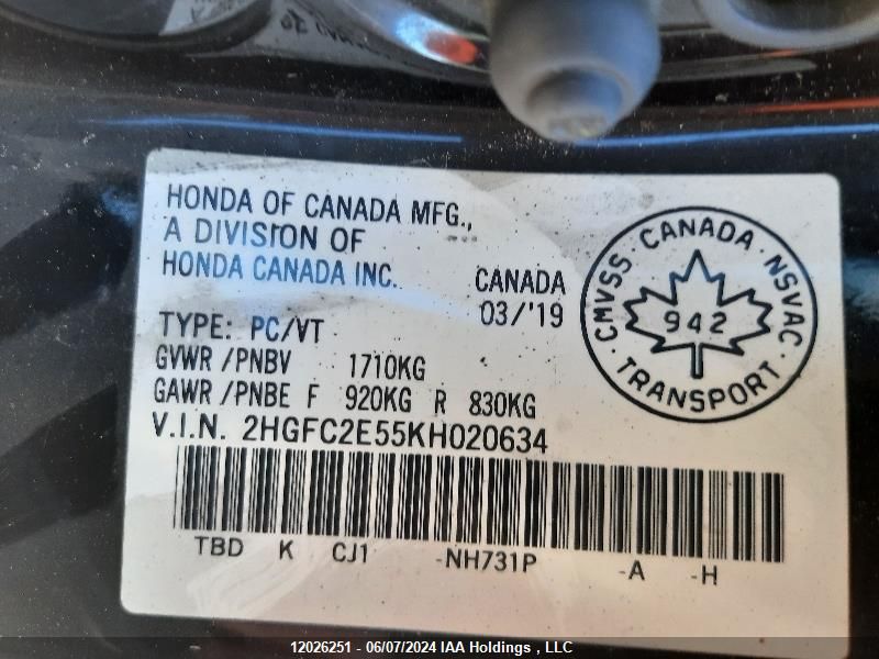 2019 Honda Civic Lx VIN: 2HGFC2E55KH020634 Lot: 12026251