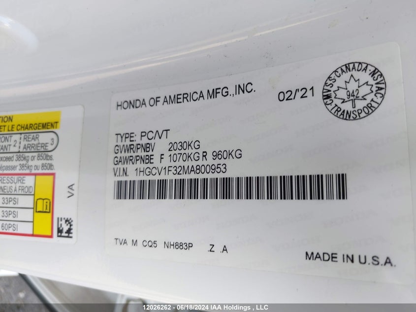 2021 Honda Accord Sedan VIN: 1HGCV1F32MA800953 Lot: 12026262