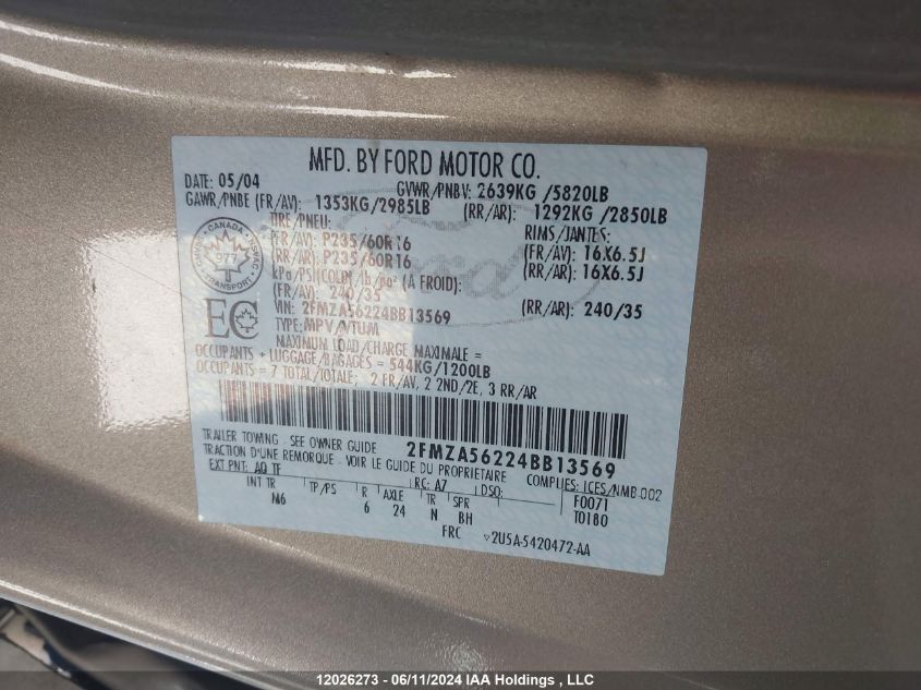 2004 Ford Freestar Sel VIN: 2FMZA56224BB13569 Lot: 12026273