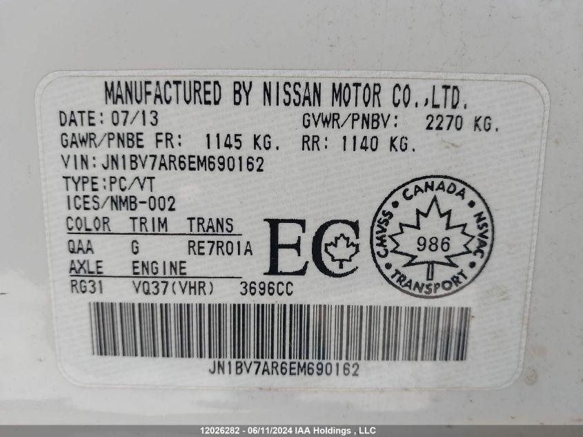 2014 Infiniti Q50 Premium/Sport VIN: JN1BV7AR6EM690162 Lot: 12026282