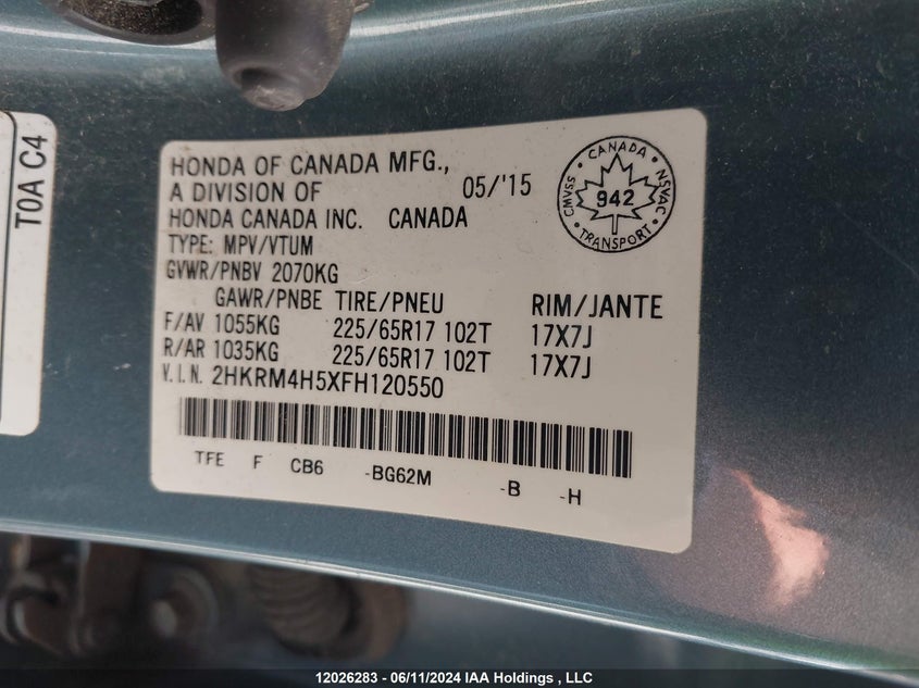 2015 Honda Cr-V VIN: 2HKRM4H5XFH120550 Lot: 12026283