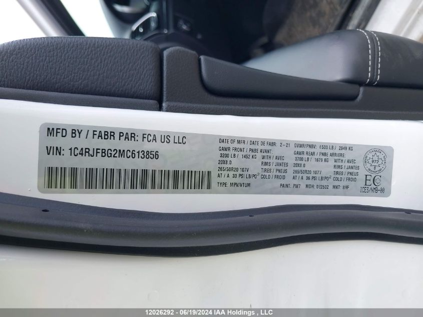 2021 Jeep Grand Cherokee 80Th Anniversary Edition VIN: 1C4RJFBG2MC613856 Lot: 12026292