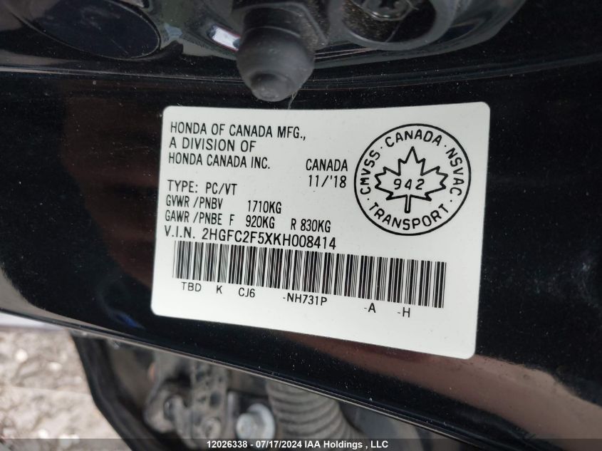 2019 Honda Civic VIN: 2HGFC2F5XKH008414 Lot: 12026338