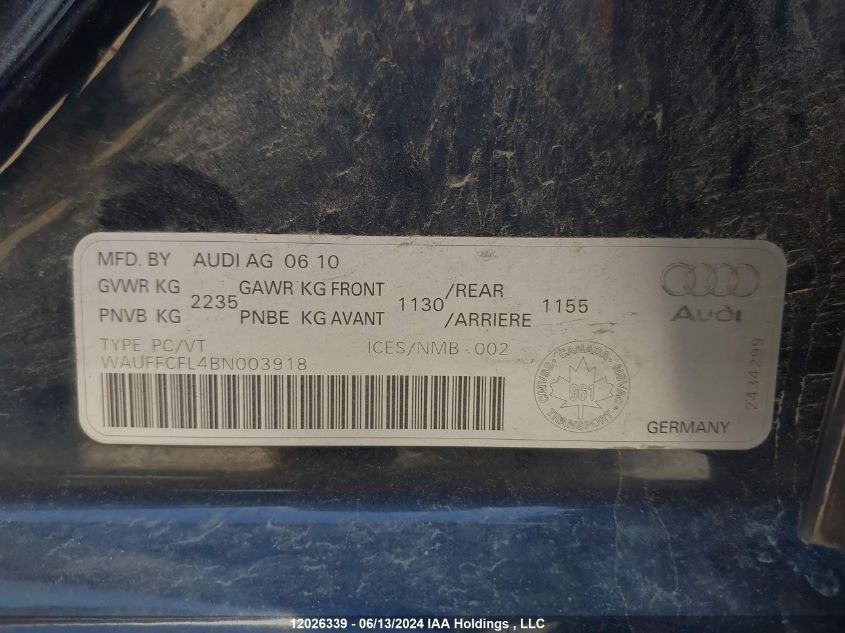 2011 Audi A4 VIN: WAUFFCFL4BN003918 Lot: 12026339