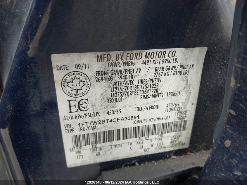 2012 Ford F-250 Lariat VIN: 1FT7W2BT4CEA30691 Lot: 12026340