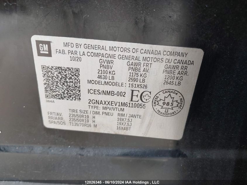 2021 Chevrolet Equinox Premier VIN: 2GNAXXEV1M6110055 Lot: 12026345