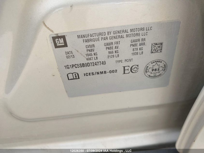 2013 Chevrolet Cruze VIN: 1G1PC5SB9D7247749 Lot: 12026350