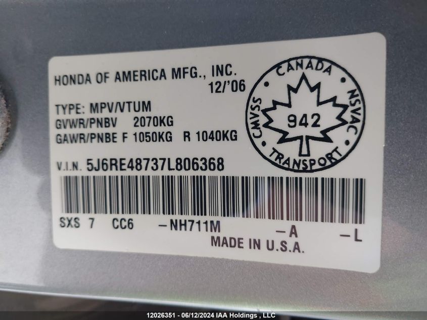 2007 Honda Cr-V VIN: 5J6RE48737L806368 Lot: 12026351