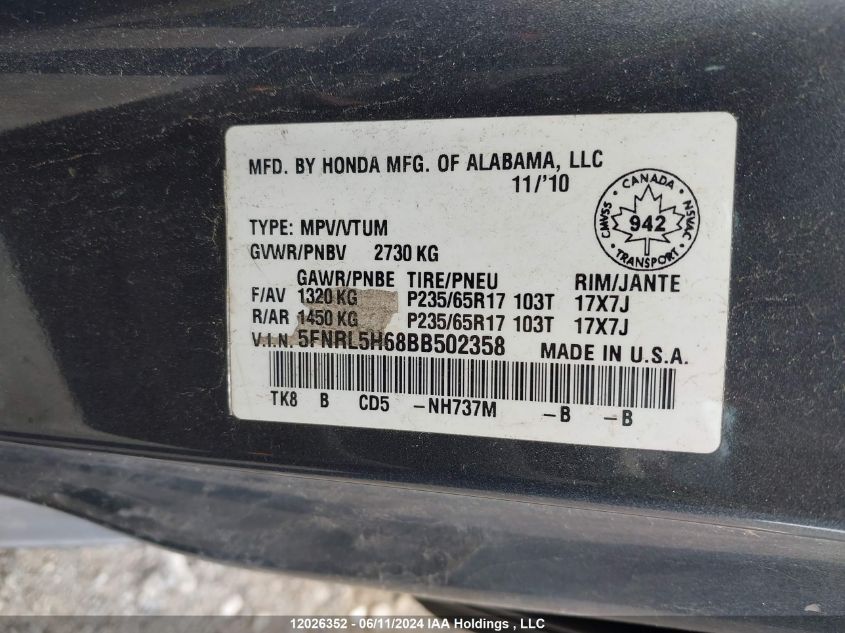 2011 Honda Odyssey VIN: 5FNRL5H68BB502358 Lot: 12026352