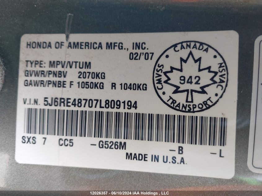 2007 Honda Cr-V VIN: 5J6RE48707L809194 Lot: 12026357